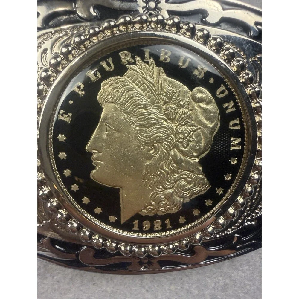 Men's Western Oval Metal Belt Buckle 1921 Morgan Silver  Coin E PLURIBUS UNUM
